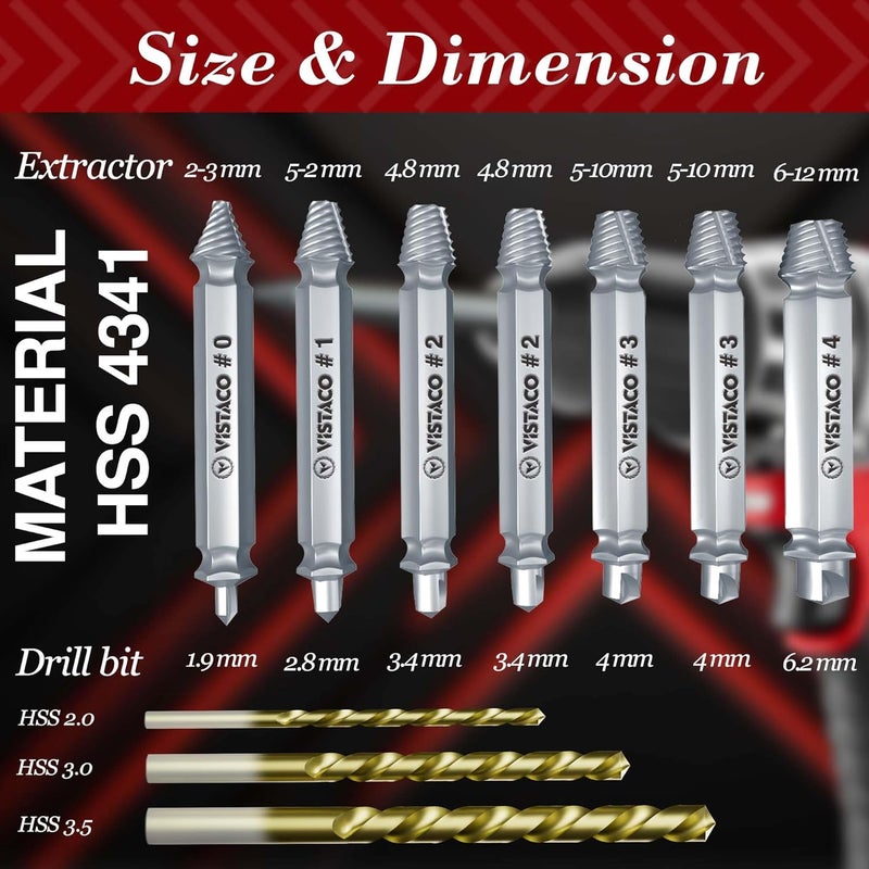 VISTACO Damaged Screw Extractor Set – 10 Pcs Easy Out Stripped Screw Remover Tool for Screws and Broken Bolts – Reverse Drill Bit Extractor Set for Rusted or Stuck Hardware and Tight Spaces - Image 2